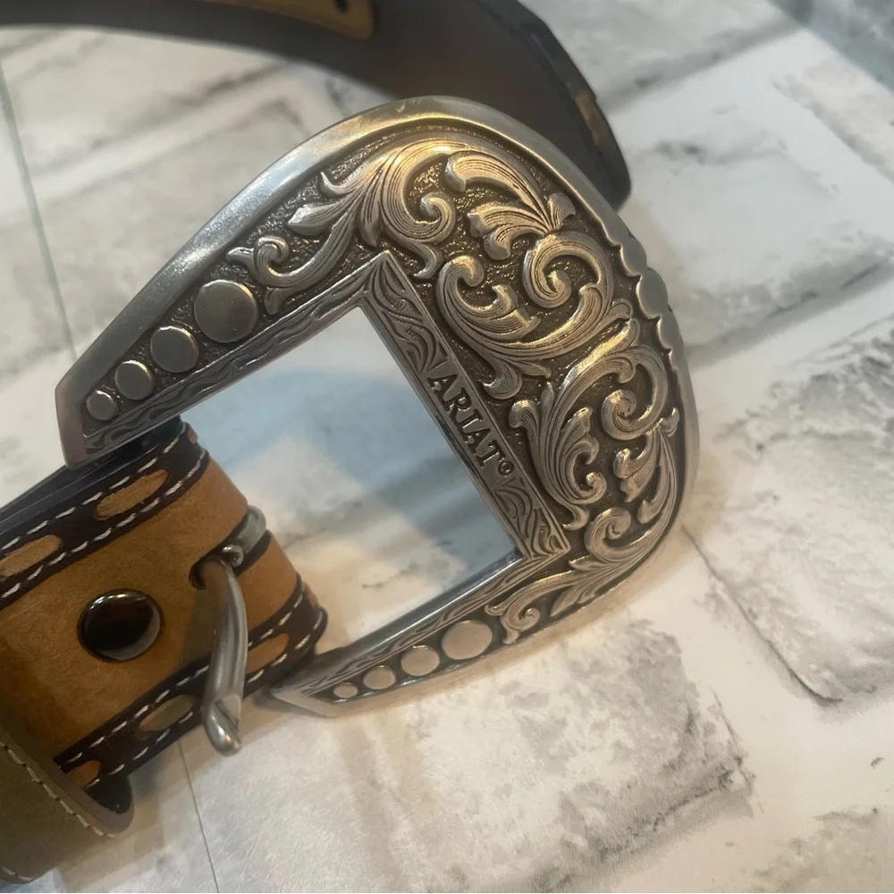 Ariat Two-Tone Tan and Brown Western Leather Belt with Ornate Silver Buckle. 38.